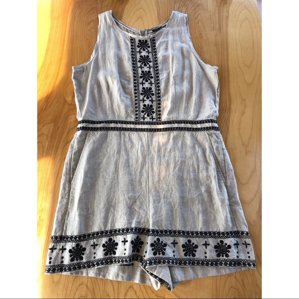 NWT Loft | Embroidered Linen Romper with Pockets